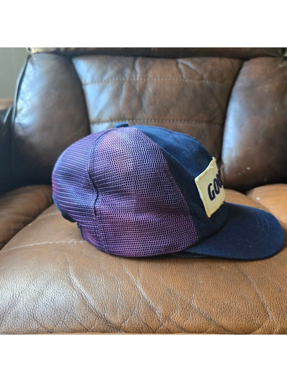Vintage Goodyear Tire Patch Trucker Hat Snapback Sun Faded Purple Mesh Cap